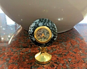 Snowflake Obsidian Golf Ball Desk Clock: Brass Base, Miyota Movement