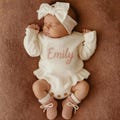 Personalized Newborn Name Romper ,Custom Baby Knit Sweater ,Baby Shower Gift, Embroidered Name rustic baby romper Sweater, Baby Gift product logo