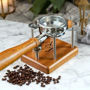 Custom Engraved Espresso Tamper Holder - Solid Wood and Stainless Steel Portafilter Holder with Base makes the perfect barista gift