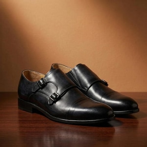 Zapatos de vestir de doble hebilla de cuero negro hechos a mano imagen 1