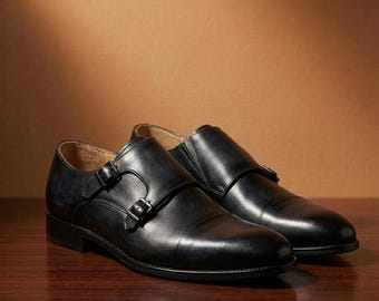 Handmade Black Leather Double Monk Strap Dress Shoes