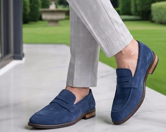 Mocasines italianos de ante azul hechos a mano: Zapatos de vestir sin cordones para hombre - Zapatos de boda para novio