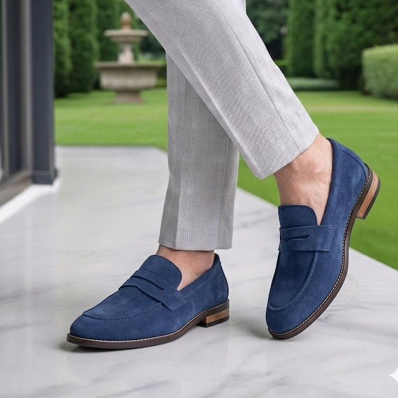 blue slip on dress shoes Handmade Italian Suede Penny Loafers: Men's Slip-On This combination of deep