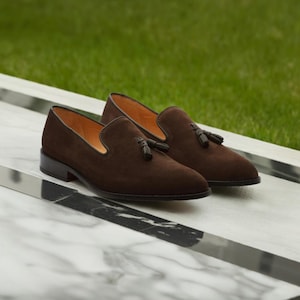 Men&#39;s Brown Suede Tassel Loafers Leather Slip on Shoes for Men Fashion Shoes, Comfortable Shoes