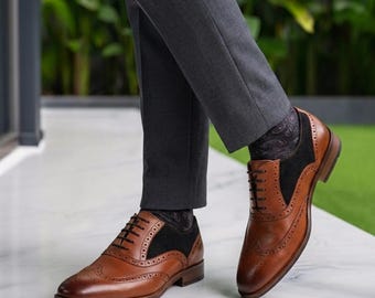 Spectator Brown Leather Suede Wingtip Brogue Shoes - Men's Designer Oxford Grooms Wedding Dress Shoes