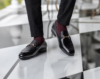 Black Leather Buckle Loafers Men Party Wear Fashion Shoes, Men's