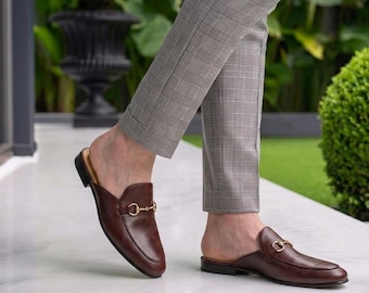Brown Leather Mules for Men - Handmade Slip-On Loafers: Classic Backless Dress Shoes