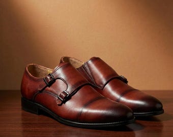 Zapatos de doble hebilla de cuero marrón hechos a mano: zapatos de vestir formales para hombre