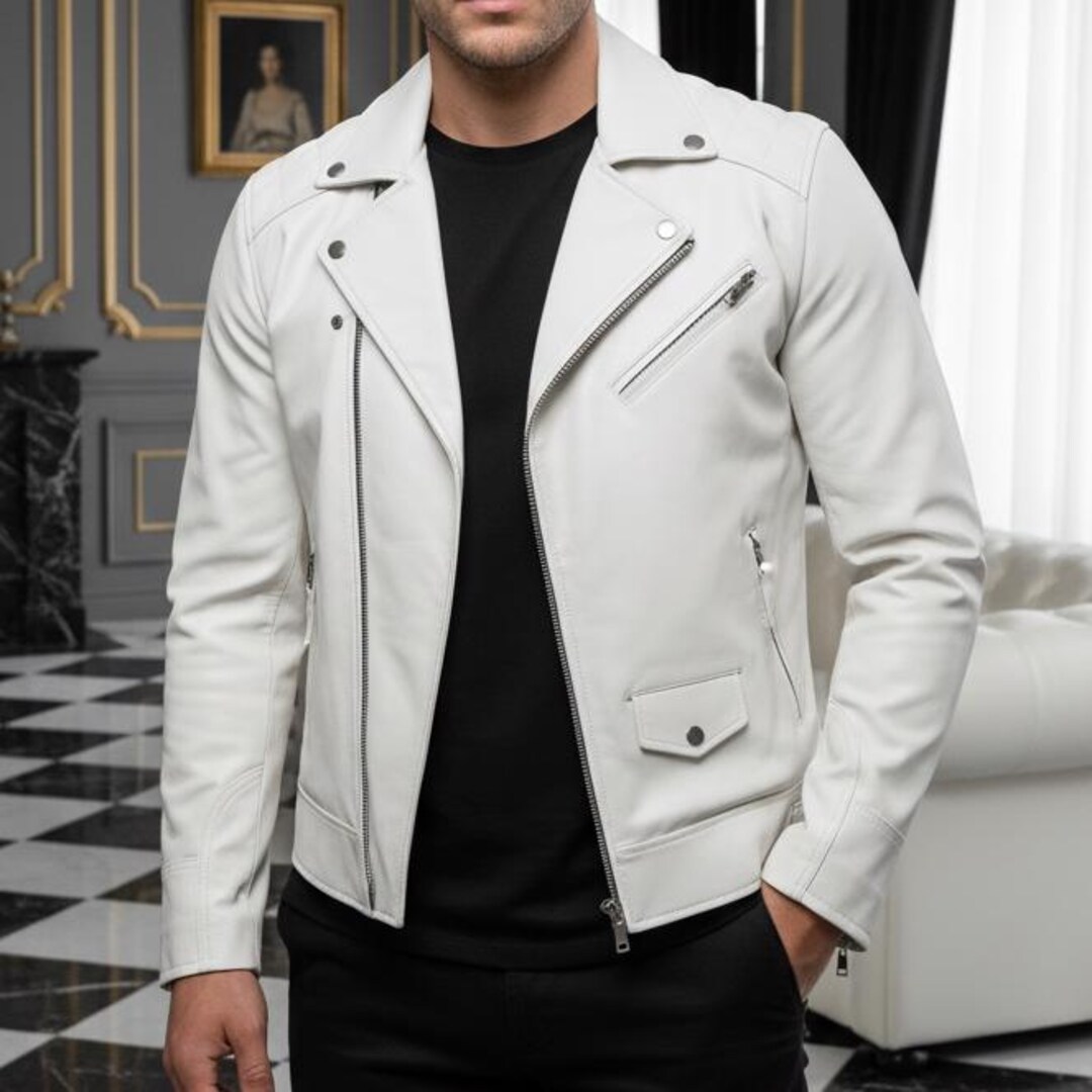 Handmade White Lambskin Leather Biker Jacket: Moto Racer Jacket