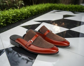 Mocasines sin cordones de ante y piel marrón hechos a mano para hombre: elegantes y casuales, cómodos zapatos sin talón.