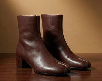 Handmade Brown Leather Tabi Boots: Split Toe Japanese Style Ankle Heel Boots