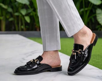 Black Patent Leather Mules for Men: Backless Loafers