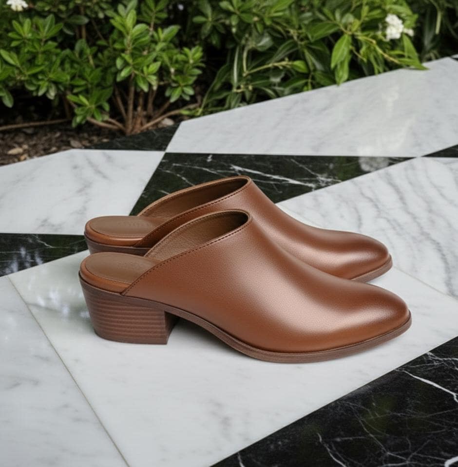 Brown Leather Mules for Women - Minimalist Slip-On Heeled Mules -…