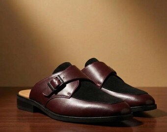 Handgjorda vinröda läderloafers för män – rygglösa klänningsslippers med munkrem
