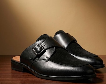 Men's Black Leather Monk Strap Mule – Backless Slip On Loafers, Minimalist Dress Slides