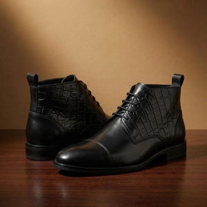 Handgefertigte schwarze Schnürstiefeletten aus Leder – Elegante Stiefeletten mit Krokodilprägung und Kappe