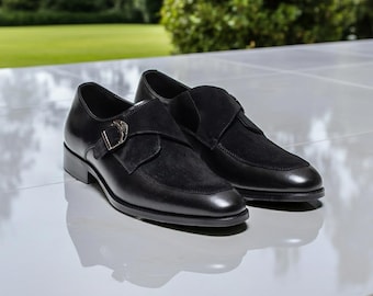 Zapatos de vestir de ante y cuero negro hechos a mano con hebilla estilo monje / Zapatos formales sin cordones / Calzado de boda personalizado