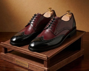 Men’s Two-Tone Leather Oxford Shoes | Black & Burgundy Brogue Dress Shoes