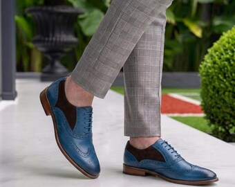 Sapatos Oxford de camurça azul Spectator com bico brogue - Sapatos sociais masculinos de grife