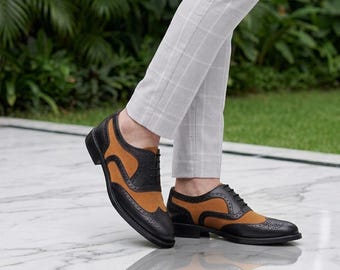 Zwart-bruine leren brogues, tweekleurige trouwschoenen heren, bruidsjonkers geklede schoenen, vintage loafers