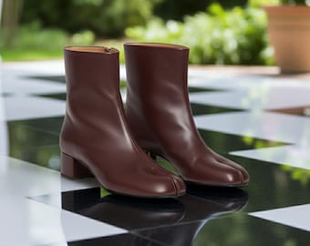 Botas Tabi de piel marrón hechas a mano: Botas de tacón de tobillo estilo japonés con puntera dividida