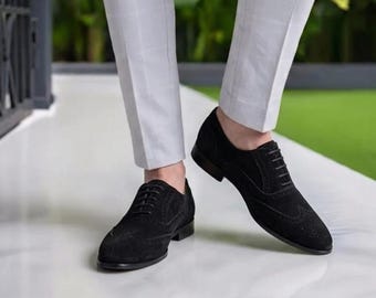 Black Suede Oxford Shoes for Men – Handmade Brogue Dress Shoes | Luxury Formal Footwear