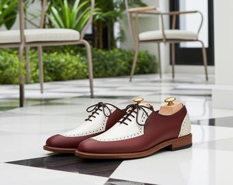 Handgemaakte tweekleurige leren oxfordschoenen – bordeaux en witte vleugeltip