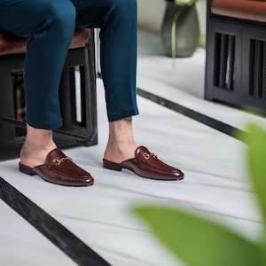 Brown Leather Backless Buckle Shoes for Men Fashion Brown Mules, Men&#39;s Leather Clogs and Slippers