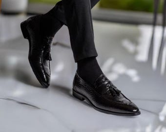 Black Alligator Texture Tassel Loafers: Men's Leather Slip-On Shoes