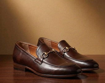 Brown Leather Buckle Loafers Men Party Wear Fashion Shoes, Men's Business Casual Shoes