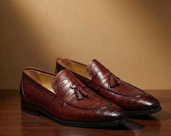 Brown Alligator Texture Leather Loafers: Men's Tassel Slip-On Shoes