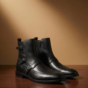 May include: A pair of black leather ankle boots featuring a wingtip toe with brogue detailing, a side zip closure, and three adjustable straps across the side, each secured with a silver-toned metal buckle and a small loop for a refined finish.