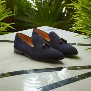 Men&#39;s Navy Blue Suede Tassel Loafers Leather Slip on Shoes for Men Fashion Shoes, Comfortable Shoes
