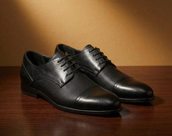 Luxury Black Leather Derby Shoes: Handmade Lace-Up Formal Dress Shoes - Groom Wedding Footwear