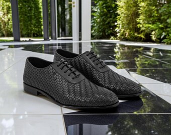 Zwart geweven leren oxfordschoenen voor heren: luxe formele schoenen met veters in Italiaanse stijl