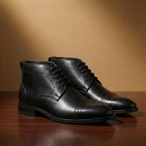 Könnte beinhalten: Ein Paar schwarze Lederstiefeletten mit einer Zehenkappe und dekorativen Brogue-Perforationen entlang der Nähte und Ösenleisten. Die Stiefel verfügen über eine Schnürung mit dünnen schwarzen Schnürsenkeln und einen niedrigen Absatz.