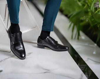 Handmade Black Leather Double Monk Strap Dress Shoes