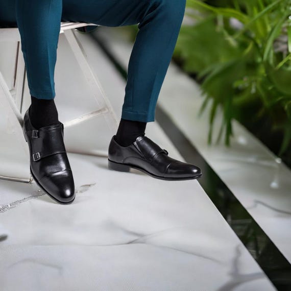 Handmade Black Leather Double Monk Strap Dress Shoes