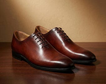 Men's Brown Wholecut Oxford Dress Shoes: Handmade Leather Lace-Ups