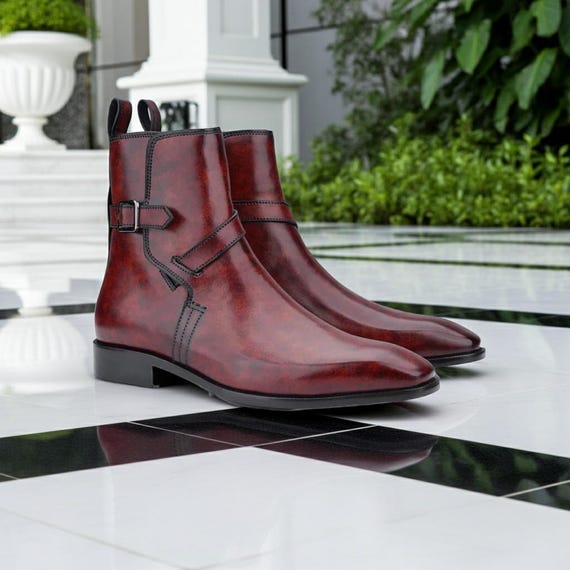 Handmade Men's Burgundy Leather Boots - Patina Ankle Boots for Men
