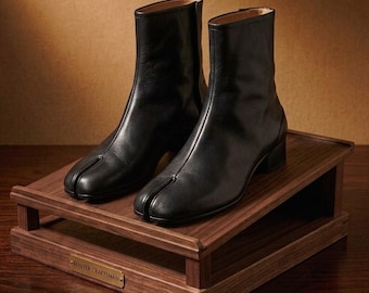 Handgefertigte Schwarze Leder Tabi Stiefel: Split Toe Japanischer Stil Ankle Heel Stiefel