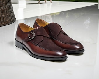 Sapatos Monk Strap de couro marrom feitos à mão: Sapatos formais sem cadarço | Calçados personalizados para casamento e escritório