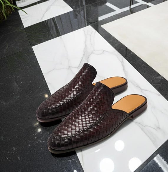 Leather Mules for Men – Brown Slip-On Loafers – Luxury Woven Slippers | Gift for Him