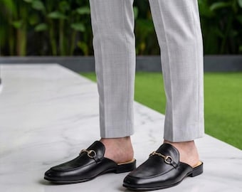 Black Leather Mules for Men - Handmade Slip-On Loafers: Classic Backless Dress Shoes