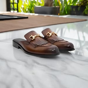 Brown Leather Backless Buckle Shoes for Men Brown Mules, Men&#39;s Leather Slippers