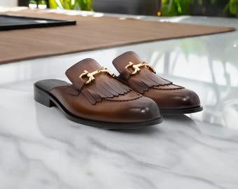 Brown Leather Backless Mules: Buckle Loafer Slippers
