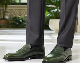Stylish Green Slip on Leather Dress Shoes - Men's Handmade Green Loafers