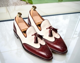 Handmade Burgundy & White Tassel Loafers Men – Two Tone Leather Shoes, Designer Slip On Shoes