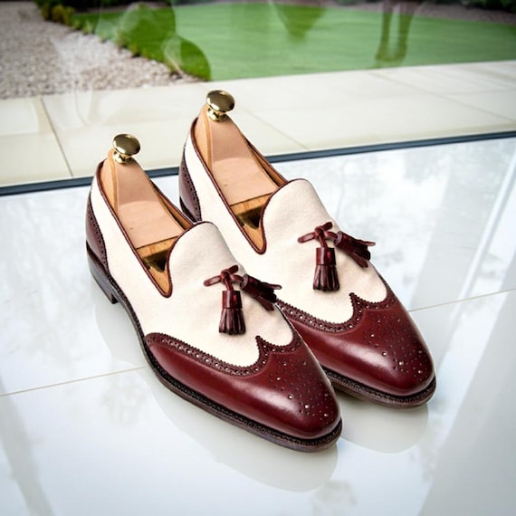 Handmade Burgundy & White Tassel Loafers Men – Two Tone Leather Shoes, Designer Slip On Shoes