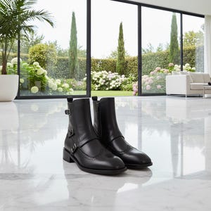 Botas descalzas de cuero negro hechas a mano con hebilla de monje – Botines unisex de vestir con doble hebilla